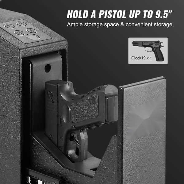 Monteret biometrisk pistolsafe med 3 adgangsmetoder: fingeraftryk, adgangskode og nøgle. Perfekt til hjemmet, natbordet eller væggen.
