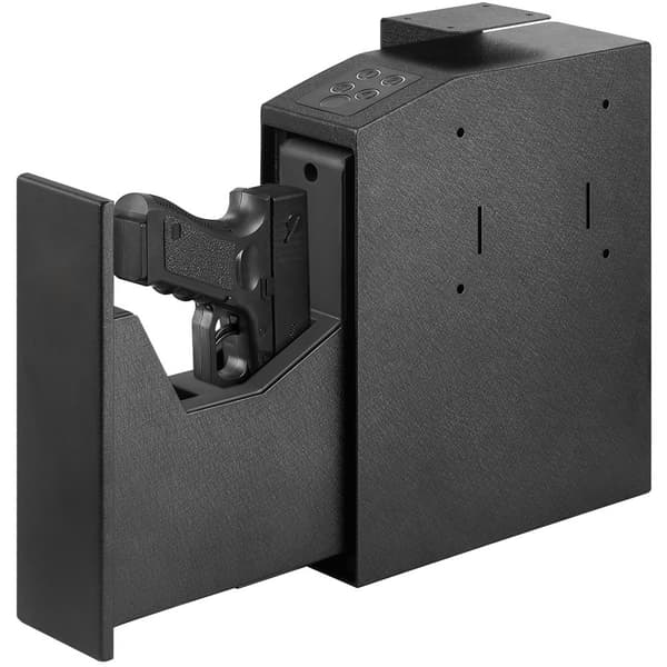 Monteret biometrisk pistolsafe med 3 adgangsmetoder: fingeraftryk, adgangskode og nøgle. Perfekt til hjemmet, natbordet eller væggen.