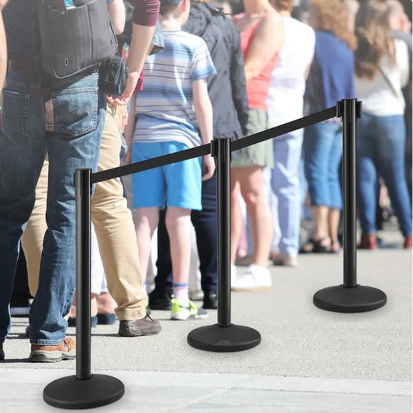 Crowd Control-stolpar, 6-pack med 3 st 6,5 FT svarta infällbara bälten, plaststolpar för flygplats och utställningar.