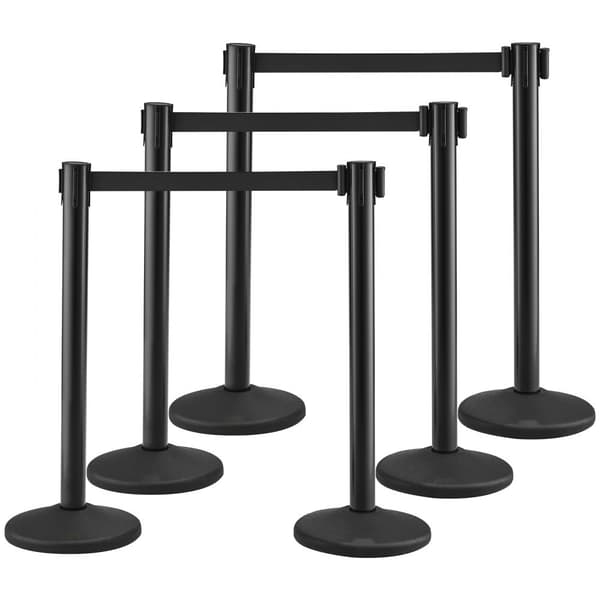 Crowd Control-stolpar, 6-pack med 3 st 6,5 FT svarta infällbara bälten, plaststolpar för flygplats och utställningar.