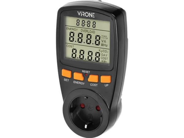 Orno Single tariff wattmeter, energikalkylator med LCD-display, single tariff, inbyggt batteri, Schuko-version, svart