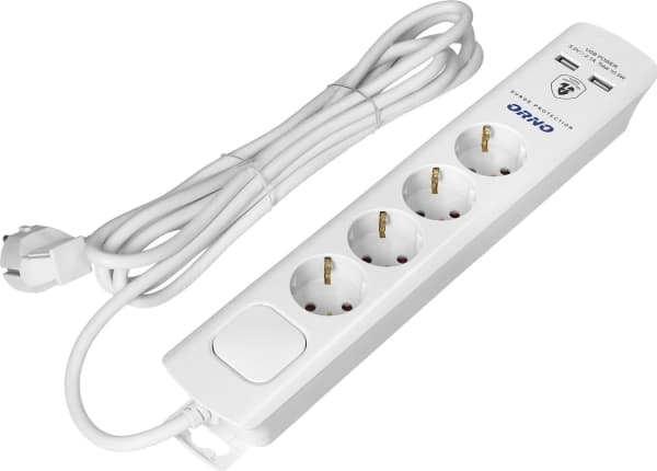 Orno ylijännitesuoja, 4 pistorasiaa 2P+Z (Schuko), kaapeli 3x1.0mm2, 3m, kaksoiskytkentäisellä valaistulla kytkimellä. 16A/230 VAC, Tyypin 3 ylijänni