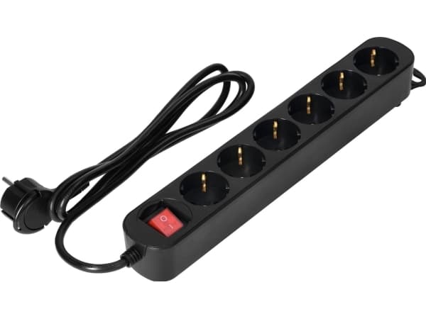 Orno 6-vägs förlängningssladd 2P+Z(Schuko), med strömbrytare, 3m H05VV-F 3x1.0mm2, Imax=10A, flat kontakt, svart