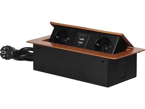 Orno Møbeluttak innfelt i bordplaten med flatfrest kant, USB-lader og 1,5 m kabel, 2x2P+Z (Schuko), 2xUSB, gull
