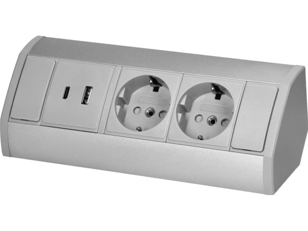 Orno Kalustepistorasia 2x2P+Z (Schuko), 2xUSB (tyyppi A+C; 2,4A), harmaa-hopea