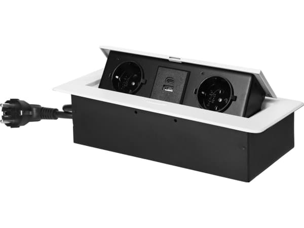 Orno Møbeluttak innfelt i bordplaten med flatfrest kant, USB-lader og 1,5 m kabel, 2x2P+Z (Schuko), 2xUSB (type A+C; 3,6A), hvit