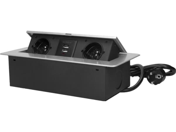 Orno Møbeluttak innfelt i bordplaten med flat frest kant, USB-lader og 3 m kabel, 2x2P+Z, 2xUSB, sølv