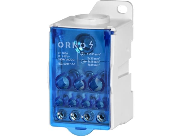 Orno 400A distribusjonsblokk, inngangsklemme 1x185mm?, utgangsklemmer 4x10 og 5x16 og 2x35mm?, praktisk montering på DIN-skinne