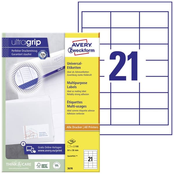 Avery-Zweckform 3670 Universaletiketter 64 x 36 mm Papper Vit 2100 st Permanent Laser, Laser, färg