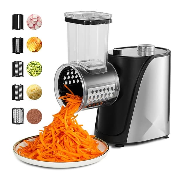 Elektrisk oste- og salatskærer, 250W, med 5 tilbehør. Rustfrit stål, ideel til grøntsager og frugt. Effektiv madlavning!