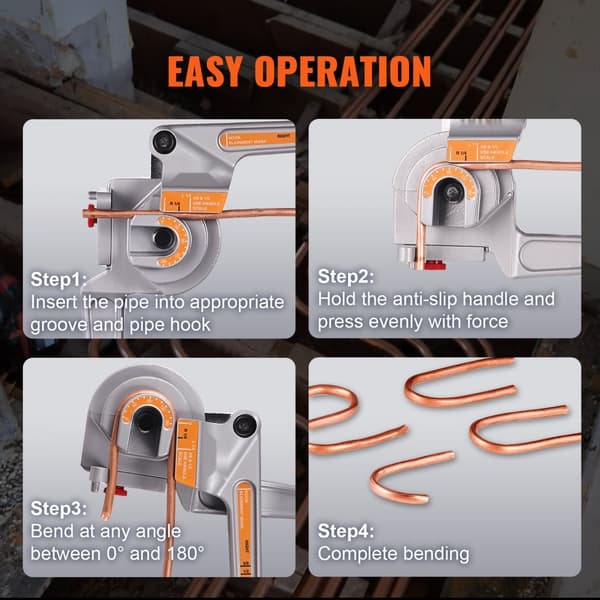 Rørbukker 3 i 1 til 1/4", 3/8", 1/2" rør. Manuel 180° bukkeværktøj til HVAC og køleskaber. Ideel til reparationer.