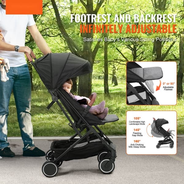Standard klapvogn med justerbart ryglæn (95°-175°) og fodstøtte (0/90°), nem 1-klik foldning, kopholder og taske, sort design.