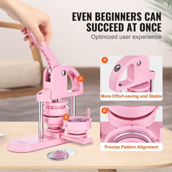 Button Maker, 1/1,25/2,28 tum (25/32/58 mm) 3-i-1 knappmaskin, 300 delar, ergonomisk design, DIY-presenter, rosa.
