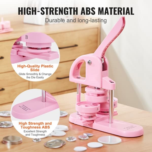 Button Maker, 1/1,25/2,28 tum (25/32/58 mm) 3-i-1 knappmaskin, 300 delar, ergonomisk design, DIY-presenter, rosa.
