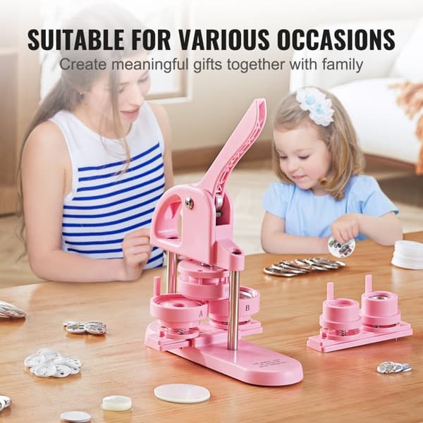Button Maker, 1/1,25/2,28 tum (25/32/58 mm) 3-i-1 knappmaskin, 300 delar, ergonomisk design, DIY-presenter, rosa.