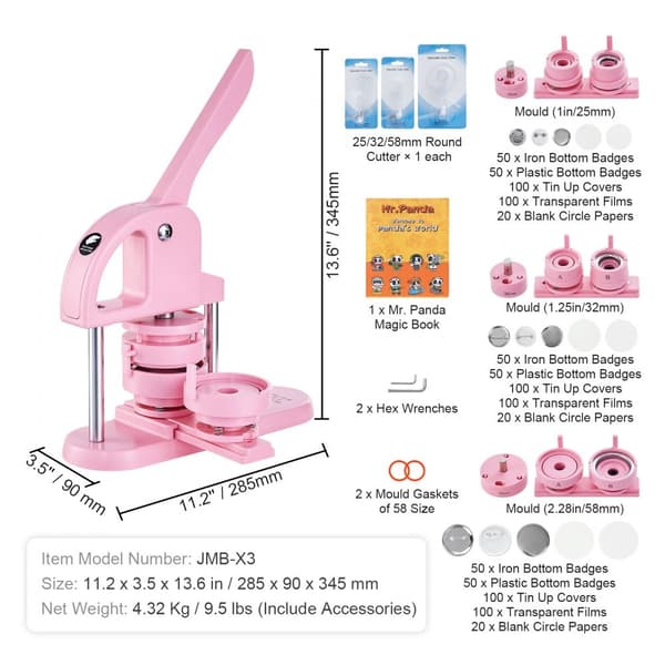 Button Maker, 1/1,25/2,28 tum (25/32/58 mm) 3-i-1 knappmaskin, 300 delar, ergonomisk design, DIY-presenter, rosa.
