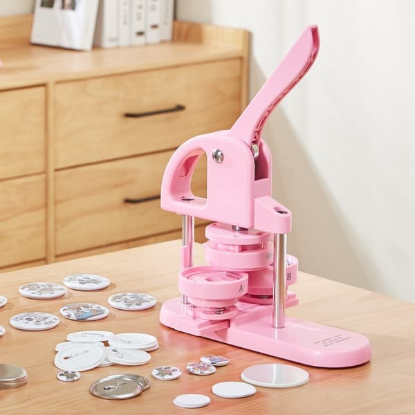 Button Maker, 1/1,25/2,28 tum (25/32/58 mm) 3-i-1 knappmaskin, 300 delar, ergonomisk design, DIY-presenter, rosa.