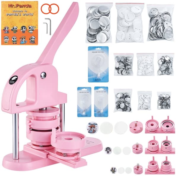 Button Maker, 1/1,25/2,28 tum (25/32/58 mm) 3-i-1 knappmaskin, 300 delar, ergonomisk design, DIY-presenter, rosa.