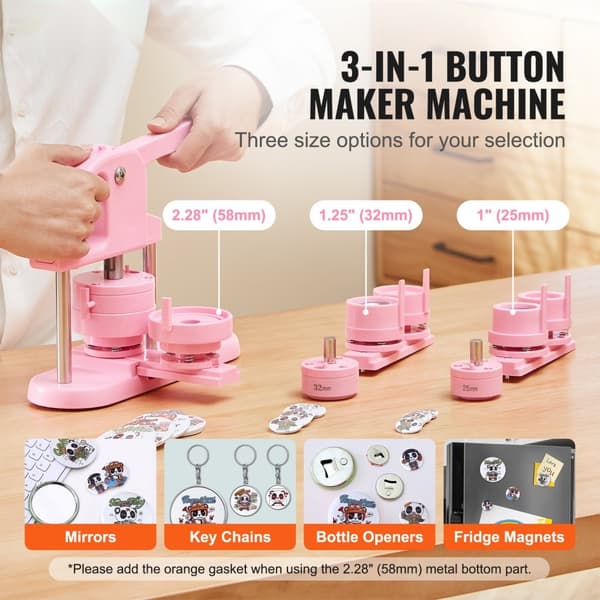 Button Maker, 1/1,25/2,28 tum (25/32/58 mm) 3-i-1 knappmaskin, 300 delar, ergonomisk design, DIY-presenter, rosa.