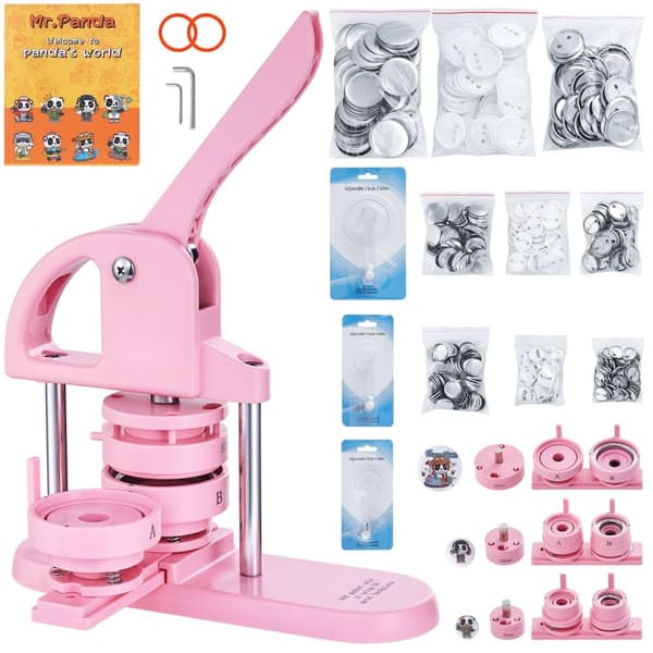 Button Maker, 1/1,25/2,28 tum (25/32/58 mm) 3-i-1 knappmaskin, 300 delar, ergonomisk design, DIY-presenter, rosa.