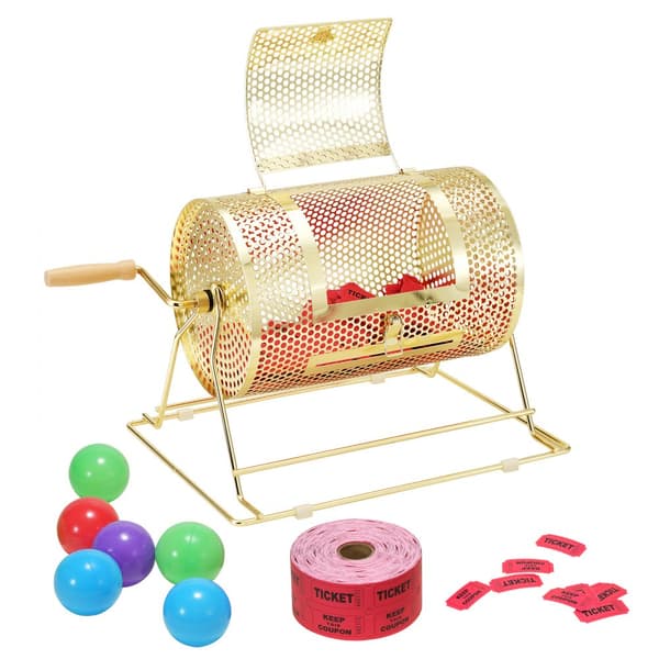 Lotteritromme 11,6 x Ø7,48 tommer med messingbelagt bur, rummer 2500 billetter eller 100 bordtennisbolde. Ideel til bingo og lotteri.
