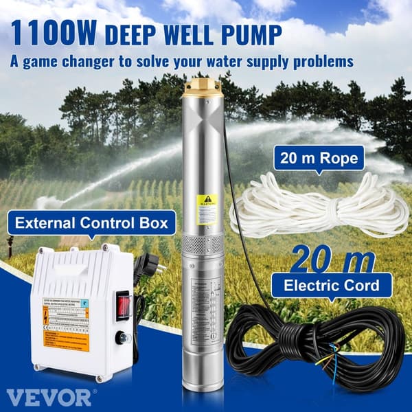 Dränkbar pump 1100W, 230V/50Hz, 190L/min, 57 m huvud, 20 m sladd, rostfritt stål, IP68 vattentät för industri och bevattning.