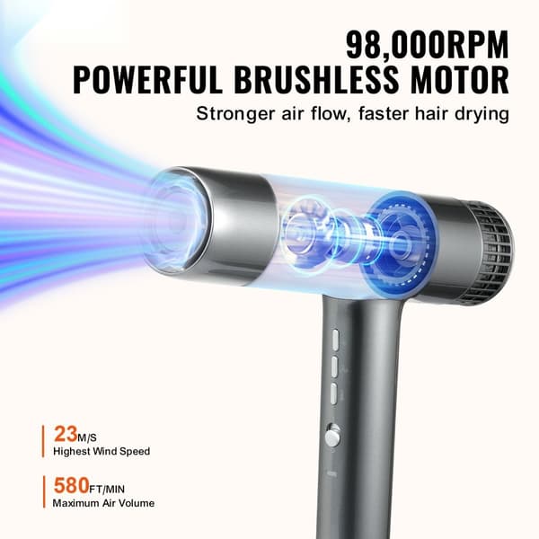 Ammattimainen hiustenkuivaaja, 3 miljoonaa negatiivista ionia, 98 000 rpm, 3 lämpötilaa ja nopeutta, kevyt malli diffuusorilla.