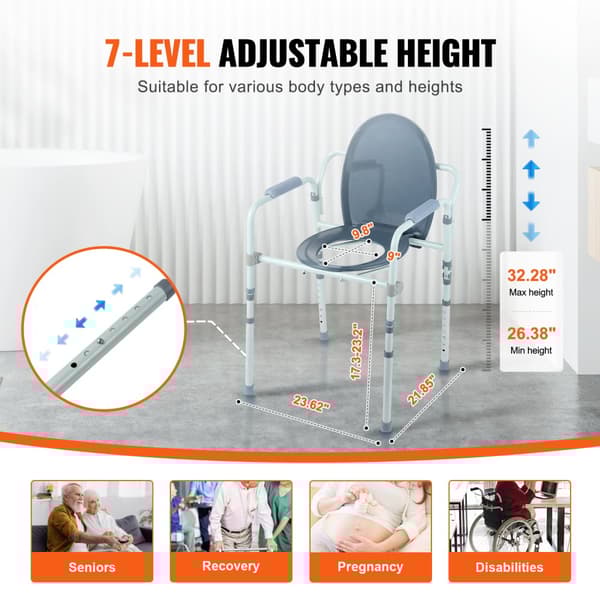 Leveä wc-tuoli, säädettävä korkeus 7 tasoa, 5,8 L irrotettava ämpäri, helppo koota, kapasiteetti 350 LBS.