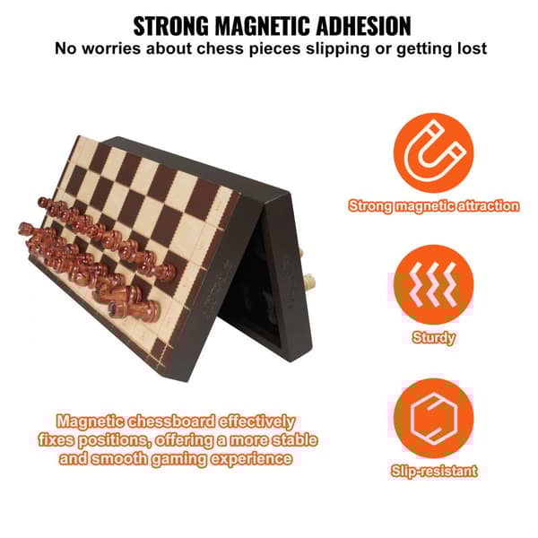 Magnetiskt schackspel i trä, 12 tum, 2 extra damer, bärbart nybörjarschackset med förvaring och hopfällbar design.
