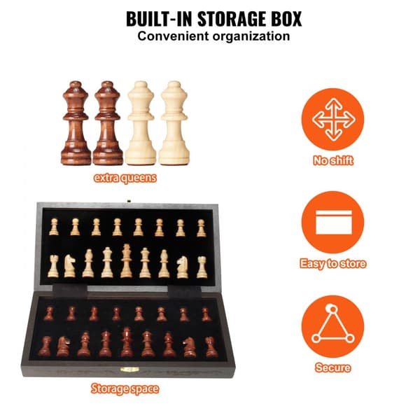 Magnetiskt schackspel i trä, 12 tum, 2 extra damer, bärbart nybörjarschackset med förvaring och hopfällbar design.