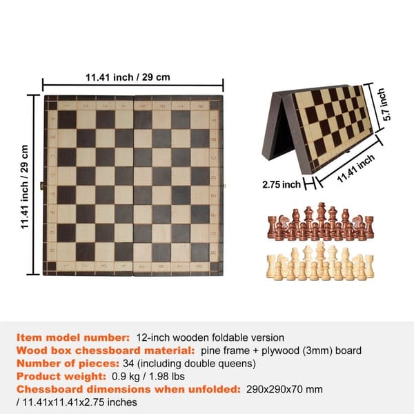 Magnetiskt schackspel i trä, 12 tum, 2 extra damer, bärbart nybörjarschackset med förvaring och hopfällbar design.