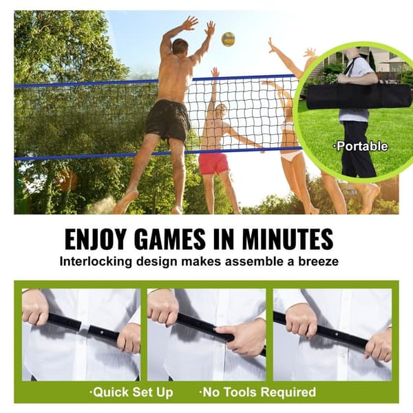 Udendørs bærbare volleyballnet med justerbare stålstænger, PVC-bold, pumpe og bæretaske - perfekt til baghaven eller stranden.