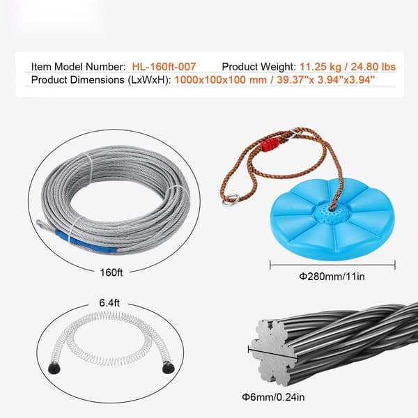 Zipline-kit för barn och vuxna, 160 ft, upp till 500 lb, lätt att sätta upp, rostfritt stål, säkerhetssele och fjäderbroms.