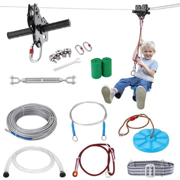 Zipline-kit för barn och vuxna, 60 ft zipline upp till 500 lb, snabb installation, säkerhetssele och fjäderbroms.