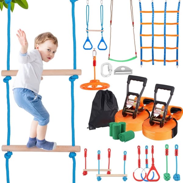 2x50 fot Ninja Warrior hinderbana för barn utomhus med 12 hinder och slackline.