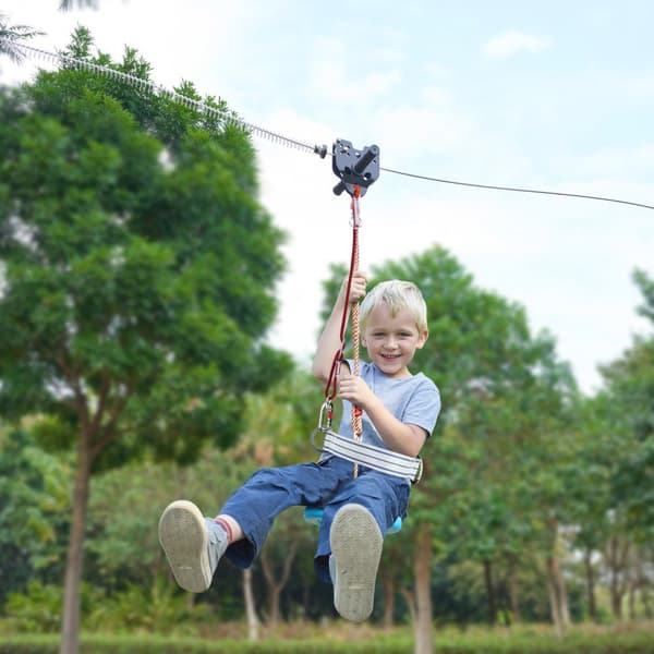 Zipline Kit för barn och vuxna, 100 ft Zipline, upp till 500 lb, snabb installation, rostfritt stål, säkerhetssele, säte.