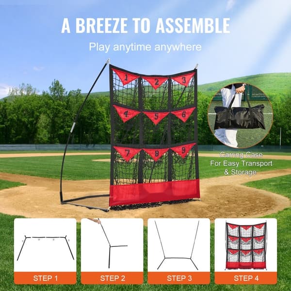 9-håls basebollnät, 36"x30" för softball och baseballträning, bärbart med väskor, Strike Zone, markspett, ungdomar & vuxna.