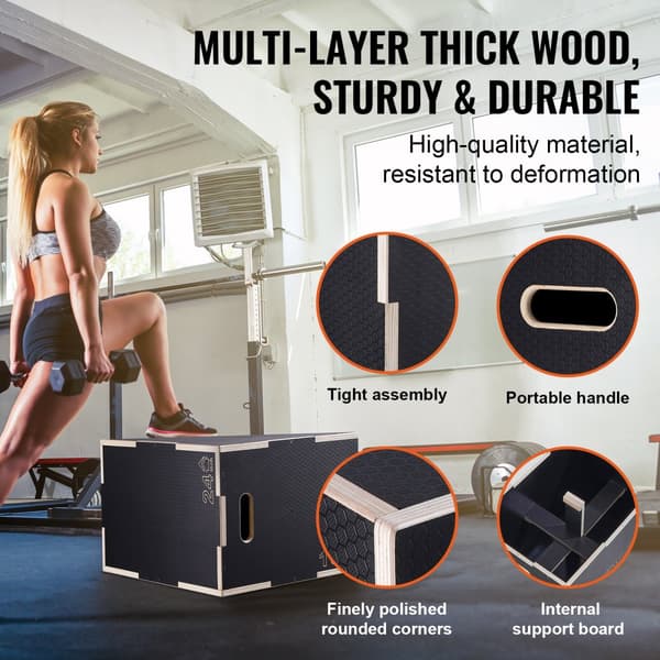 3-i-1 Plyometrisk Jump Box, 24/20/16 tommer Træ Plyo Box, Anti-Slip Step Up Platform til hjemmetrening, Kondition & Styrketræning, Sort