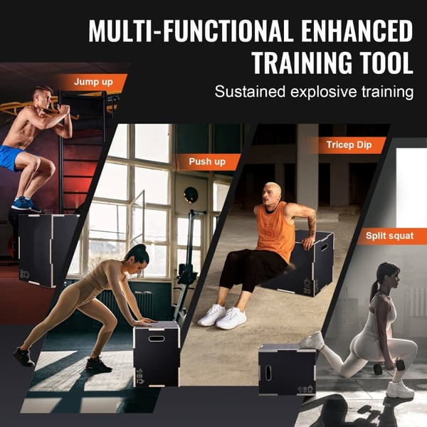 3-i-1 Plyometrisk Jump Box, 24/20/16 tommer Træ Plyo Box, Anti-Slip Step Up Platform til hjemmetrening, Kondition & Styrketræning, Sort