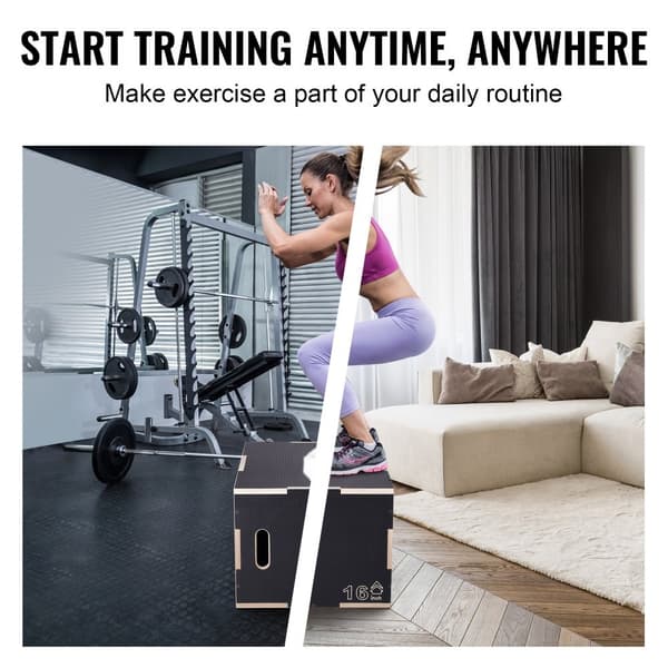 3-i-1 Plyometrisk Jump Box, 24/20/16 tommer Træ Plyo Box, Anti-Slip Step Up Platform til hjemmetrening, Kondition & Styrketræning, Sort