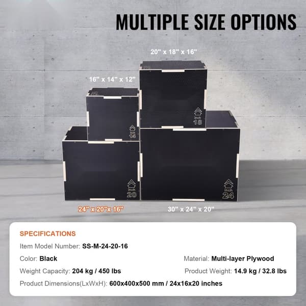 3-i-1 Plyometrisk Jump Box, 24/20/16 tommer Træ Plyo Box, Anti-Slip Step Up Platform til hjemmetrening, Kondition & Styrketræning, Sort