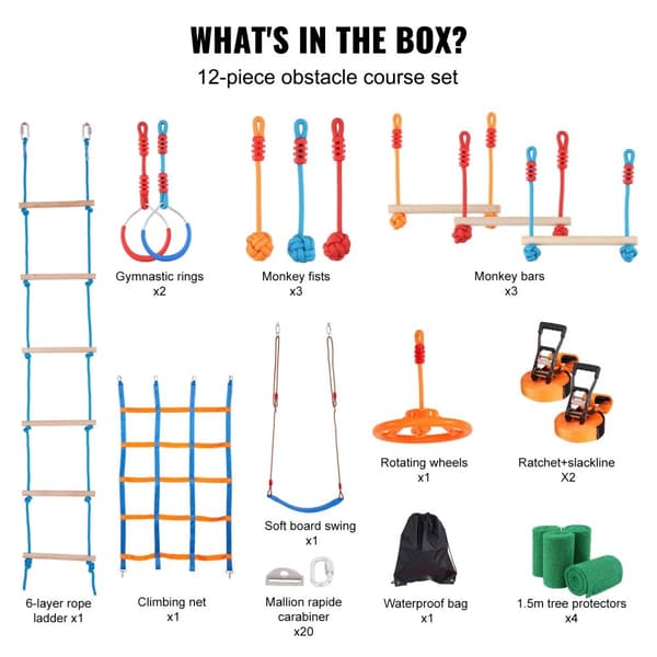 2x56 fot Ninja Warrior hinderbana för barn utomhus med 12 hinder och slackline.