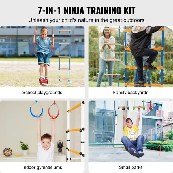 2x56 fot Ninja Warrior hinderbana för barn utomhus med 12 hinder och slackline.