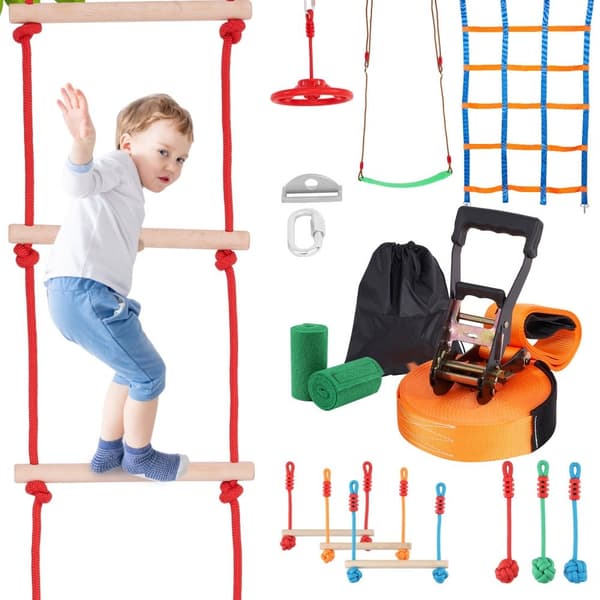 Ninja Warrior forhindringsbane til børn, 15,24 m vejrbestandige Slacklines, 500 lbs kapacitet, inkl. 10 forhindringer til udendørs leg.