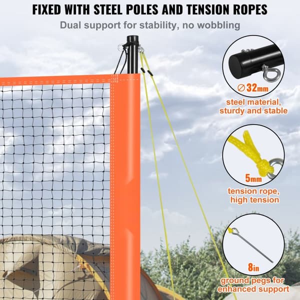 Lentopallo- ja sulkapallosetti, kannettava verkko, säädettävät terässauvat, PVC-lentopallo, pumppu, kantolaukku.