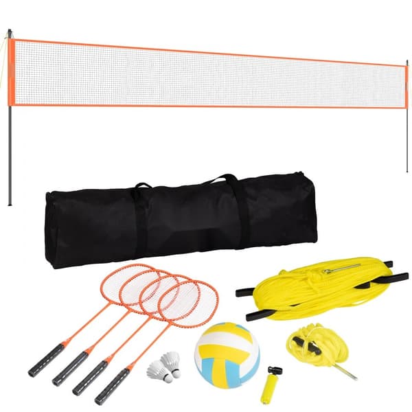 Lentopallo- ja sulkapallosetti, kannettava verkko, säädettävät terässauvat, PVC-lentopallo, pumppu, kantolaukku.