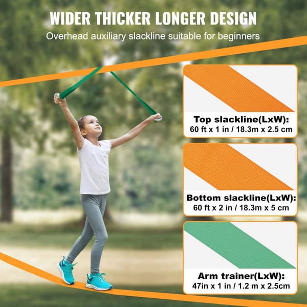 Slackline-sarja 60 jalan takapihalle, helppo asentaa, täydellinen setti lapsille ja aikuisille, sisältää ohjeet.