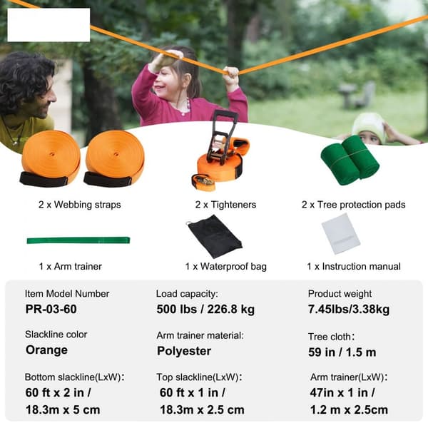 Slackline-sarja 60 jalan takapihalle, helppo asentaa, täydellinen setti lapsille ja aikuisille, sisältää ohjeet.
