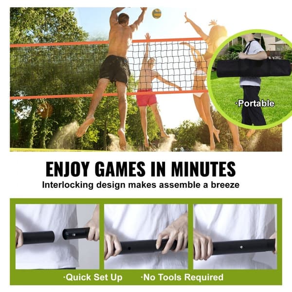 Bärbart volleybollnätsystem med justerbar höjd, aluminiumstolpar, PVC-volleyboll, pump och bärväska för utomhusbruk.