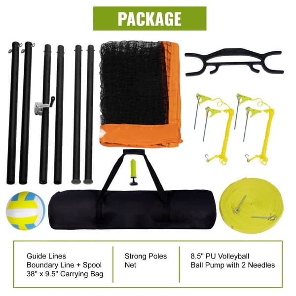 Bärbart volleybollnätsystem med justerbar höjd, aluminiumstolpar, PVC-volleyboll, pump och bärväska för utomhusbruk.